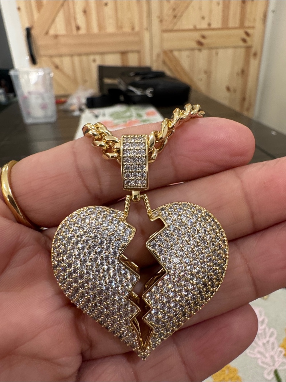 Gold Broken Heart Pendant Necklace with Pavé Crystals - Women Jewelry